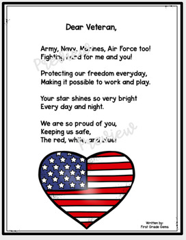 Veteran's Day Poem Freebie by First Grade Gems | TPT