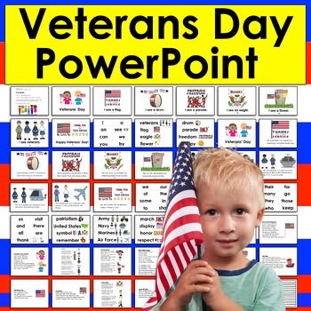 Preview of Veterans' Day PowerPoint - Mini Book Slides, Songs, Poems & Vocabulary Slides