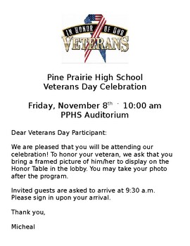 Preview of Veterans Day Program Invitation