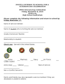 Preview of Veterans Day Program Invite a veteran for Students