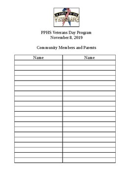 Preview of Veterans Day Program Sign in Sheet
