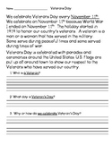 Veteran's Day Reader with Comprehension Questions