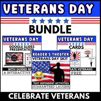 Preview of Veterans Day Readers Theater Skit, Presentation Slides with notes, and cards
