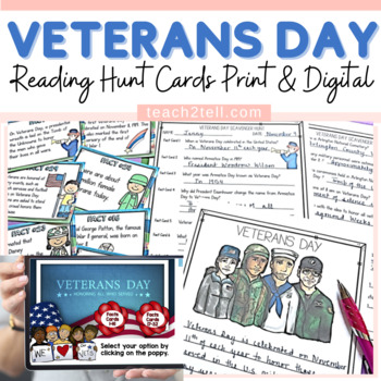 Preview of Veterans Day Reading Comprehension Activities Scavenger Hunt Print Digital