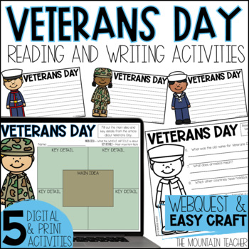 Preview of Veterans Day Reading Comprehension Activities, Webquest & Writing Craft