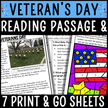 Preview of Veterans Day Reading Comprehension Passage and Questions - Fun Worksheets