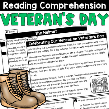 Preview of Veterans Day Reading Comprehension Passages 2nd 3rd Grade, Writing Worksheets