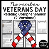 Veterans Day Reading Comprehension Worksheet - 2 Versions 