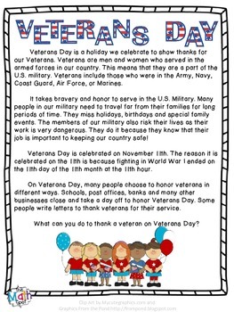 Veterans Day Reading Passage by The Math Spot | Teachers Pay Teachers