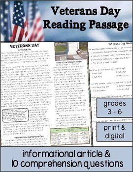Preview of Veterans Day Reading Passage & Questions
