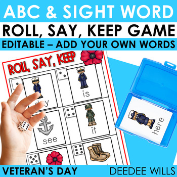 Preview of Editable Sight Word Games and ABC Center Activity | Roll, Say, Keep Veterans Day