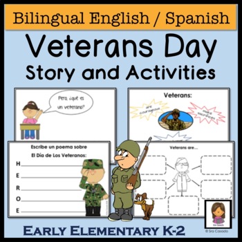 Preview of Veterans Day Story activities | bilingual Spanish English | DIGITAL & Worksheets