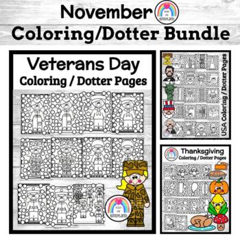 Preview of Veterans Day, US Symbols, Thanksgiving: November Coloring / Dauber Pages Books