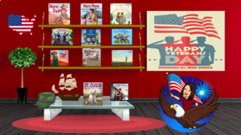 Preview of Veterans Day - Virtual reading library, video room, vocab game, comprehension,