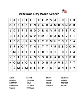 Veterans Day Vocabulary Word Search by Puppet Korner N More | TpT