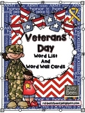 Veterans Day Word List and Word Wall Cards