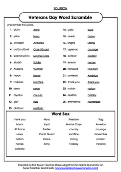 Veterans Day Word Scramble ONLINE,VIRTUAL by The Music Teacher Store