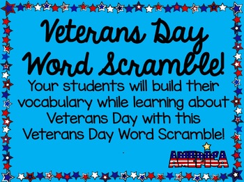 Preview of Veterans Day Word Scramble! Build Vocabulary and Learn About Veterans Day!