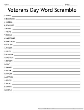 Veterans Day Word Scramble - Veterans Day Words Puzzles - Holiday ...