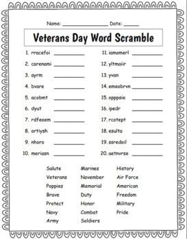 Veterans Day Word Scramble Worksheet by LailaBee | TPT