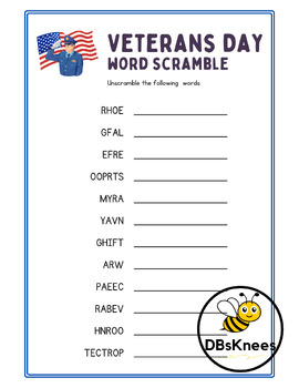 Veterans Day Word Scramble (with key) by DBsKnees | TPT