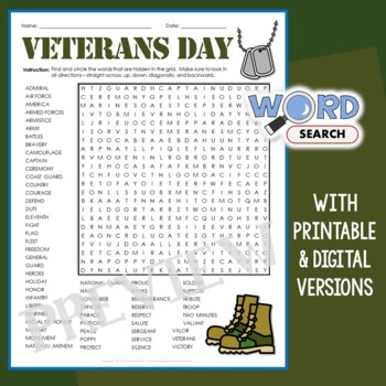 Preview of Hard Veterans Day Word Search Puzzle Middle School Vocabulary Activity Worksheet
