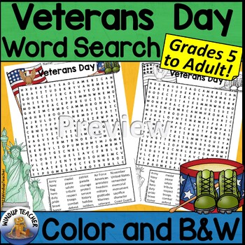 Preview of Veterans Day Word Search Activity Hard for Grades 5 to Adult
