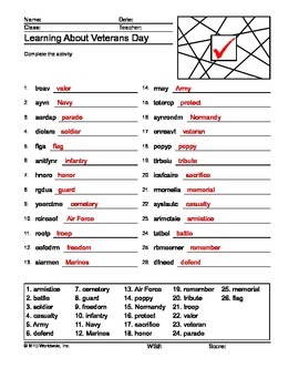 Veterans Day Word Search And Word Scramble Printable Worksheets Tpt