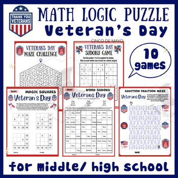 Preview of Veterans Day logic Mental math game centers fraction maze activities middle high