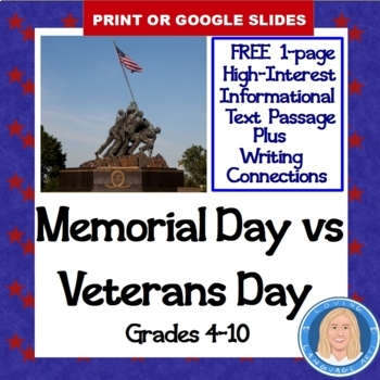 Preview of Veterans Day vs Memorial Day: Informational Text Reading Passage & Writing Task