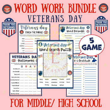 Preview of Veterans Day word work BUNDLE phonics centers word scramble main idea middle 9th