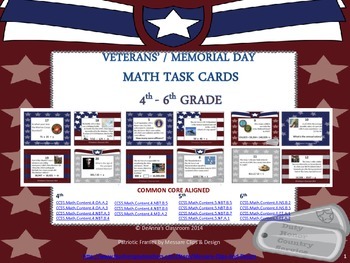 Preview of Veterans' & Memorial Day Patriotic Math Task Cards: 4th-6th Grade
