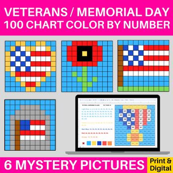 Preview of Veterans Memorial Day USA Hundreds 100s Chart Mystery Pictures Color By Number