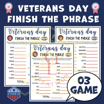 Preview of Veterans day Finish the Phrase activity word problem crossword middle high 7th