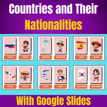 Preview of Vibrant Flashcards of Countries and Their Nationalities With Google Slides.