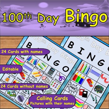Preview of Vibrant Vocabulary: 100th Day Bingo Bonanza with School Objects & Calling Cards