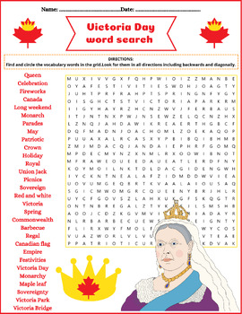 Preview of Victoria Day Word Search Puzzle Activity Worksheet Color & B/W ⭐No Prep⭐