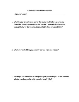 Preview of Video Lecture Reflection Questions