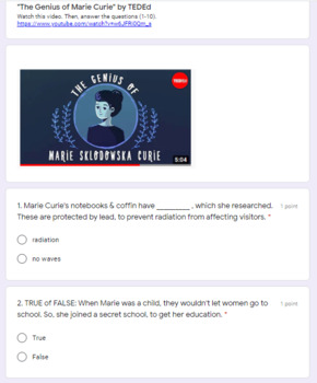 Preview of Video Qs on Famous Female Scientist Marie Curie for Women's History Month Form