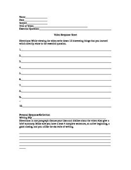 Preview of Video Response Sheet