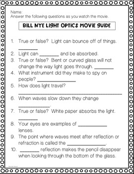 Video Worksheet Bill Nye Light Optics by Endeavors in Education TpT