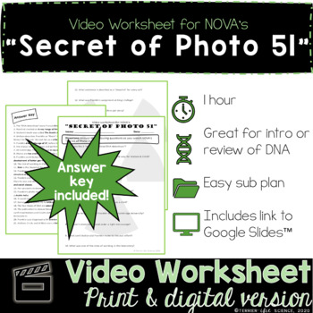 Preview of Video Worksheet for NOVA's "Secret of Photo 51" - PRINT & DIGITAL