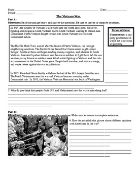 Preview of Vietnam War Worksheet- 6 parts