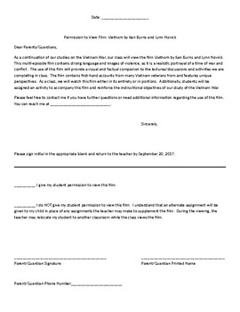 Preview of Vietnam by Ken Burns and Lynn Novick Film Viewing Permission Form--Editable!