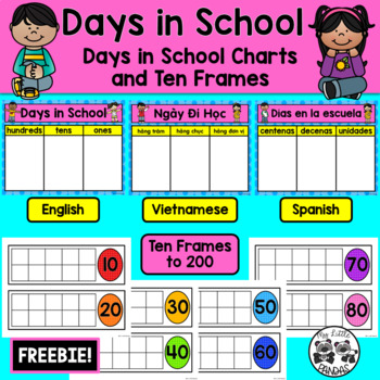 Preview of FREEBIE: Days in School Charts with Ten Frames *English/Vietnamese/Spanish*