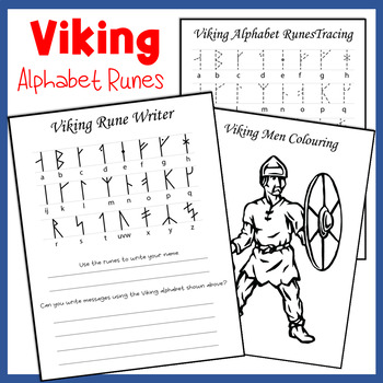 Preview of Viking Alphabet Runes and Viking Men Colouring Worksheet - Leif Erikson day