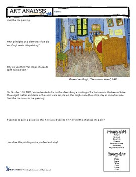 Vincent Van Gogh Bedroom In Arles Art Analysis Worksheet Sub Plan