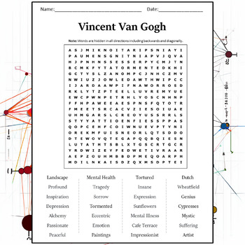 Vincent Van Gogh Word Search Puzzle Worksheet Activity by Word Search