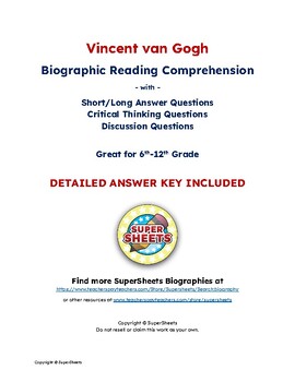 Preview of Vincent van Gogh Biography: Reading Comprehension & Questions w/ Answer Key