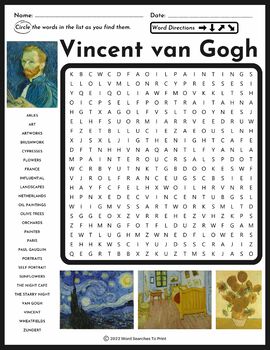 Vincent van Gogh Word Search Puzzle BUNDLE by Word Searches To Print